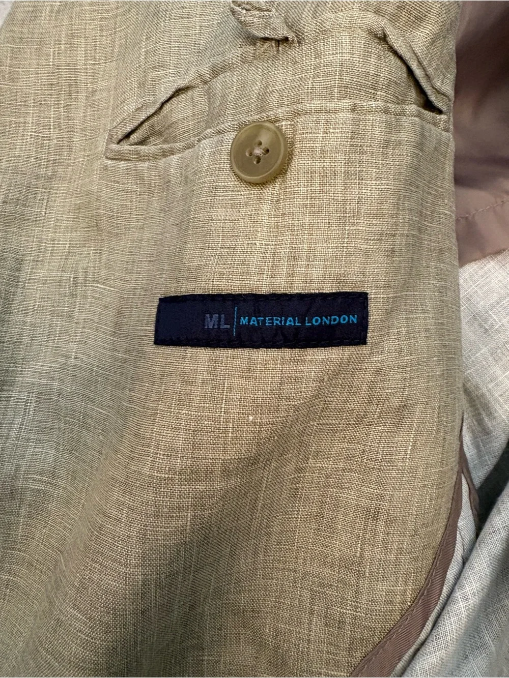 Material London 100% Linen Men's Beige/Khaki Sport Coat Two Button Blazer Sz:L